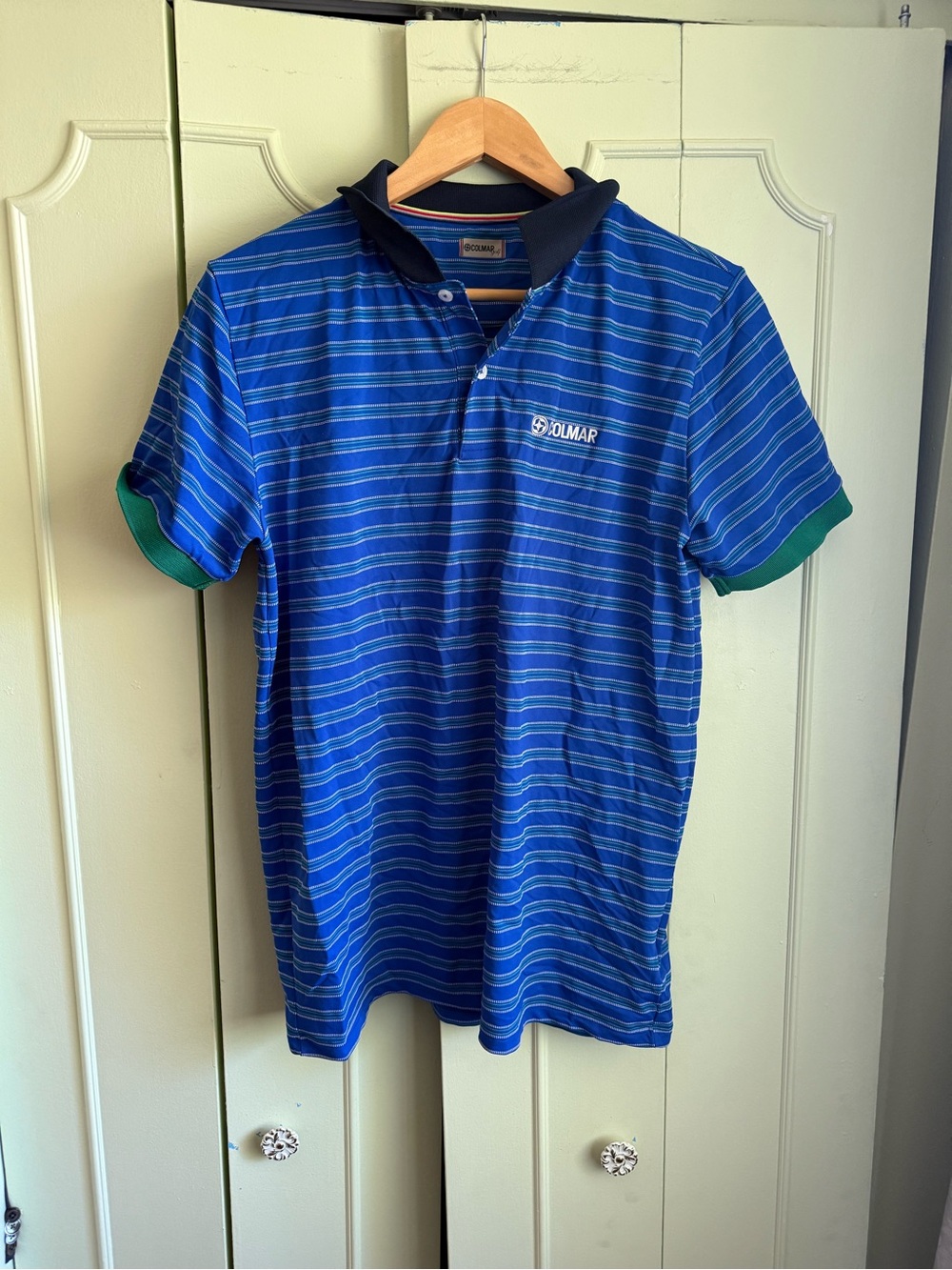 COLMAR Blue Striped Polo with Green Cuffs and Black Collar
